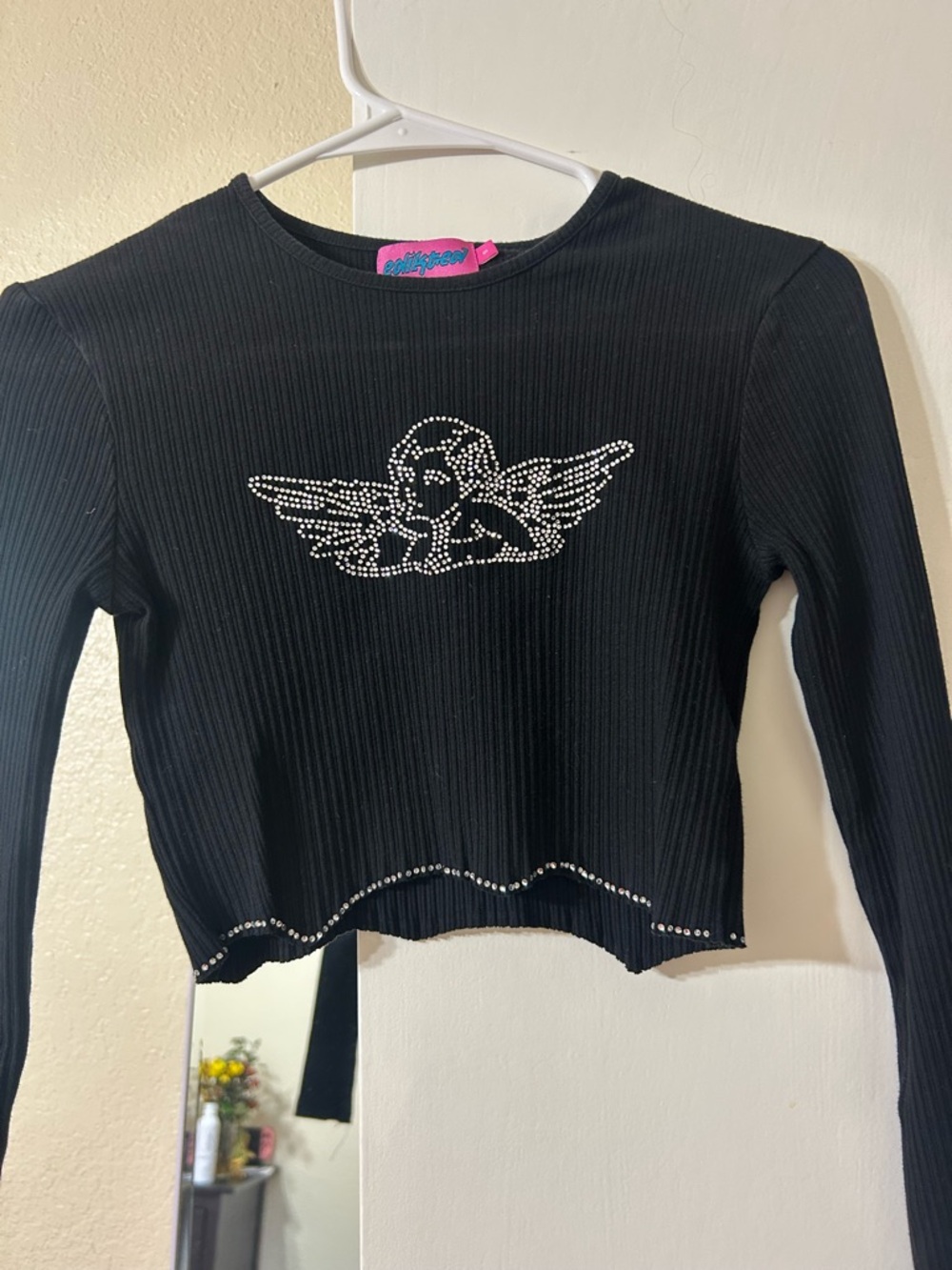 Rhinestone Angel Black Ribbed Long Sleeve Crop Top